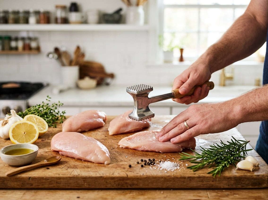Hands preparing raw chicken breasts on a wooden cutting board with fresh herbs and lemon nearby.