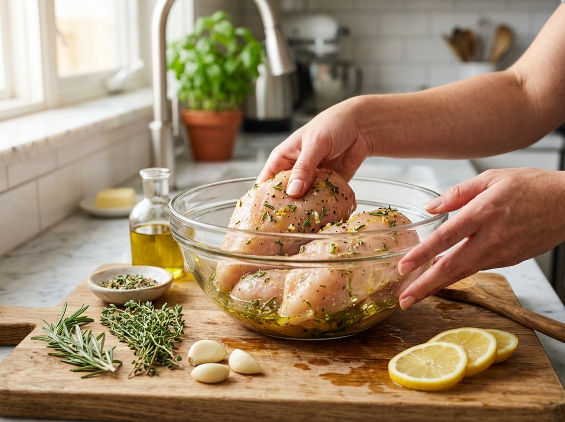 Hands marinating raw chicken breasts in a bowl with herbs and lemon slices on a wooden cutting board.