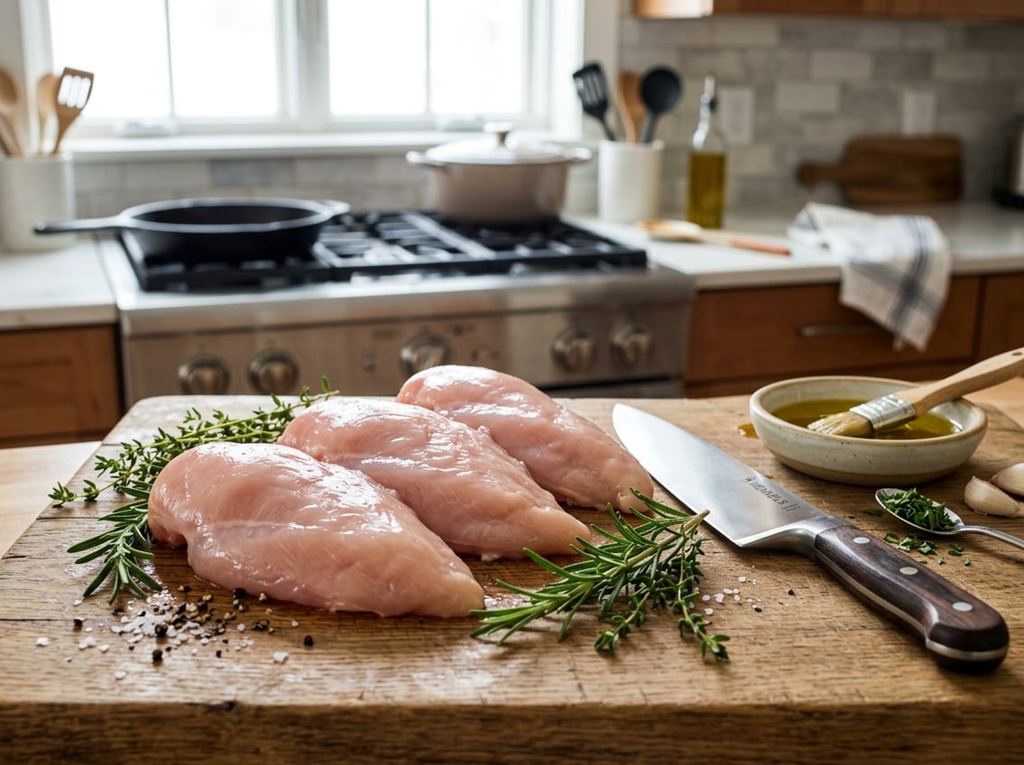 Close-up of raw chicken breasts on a wooden cutting board with fresh herbs and kitchen tools in a bright kitchen.
