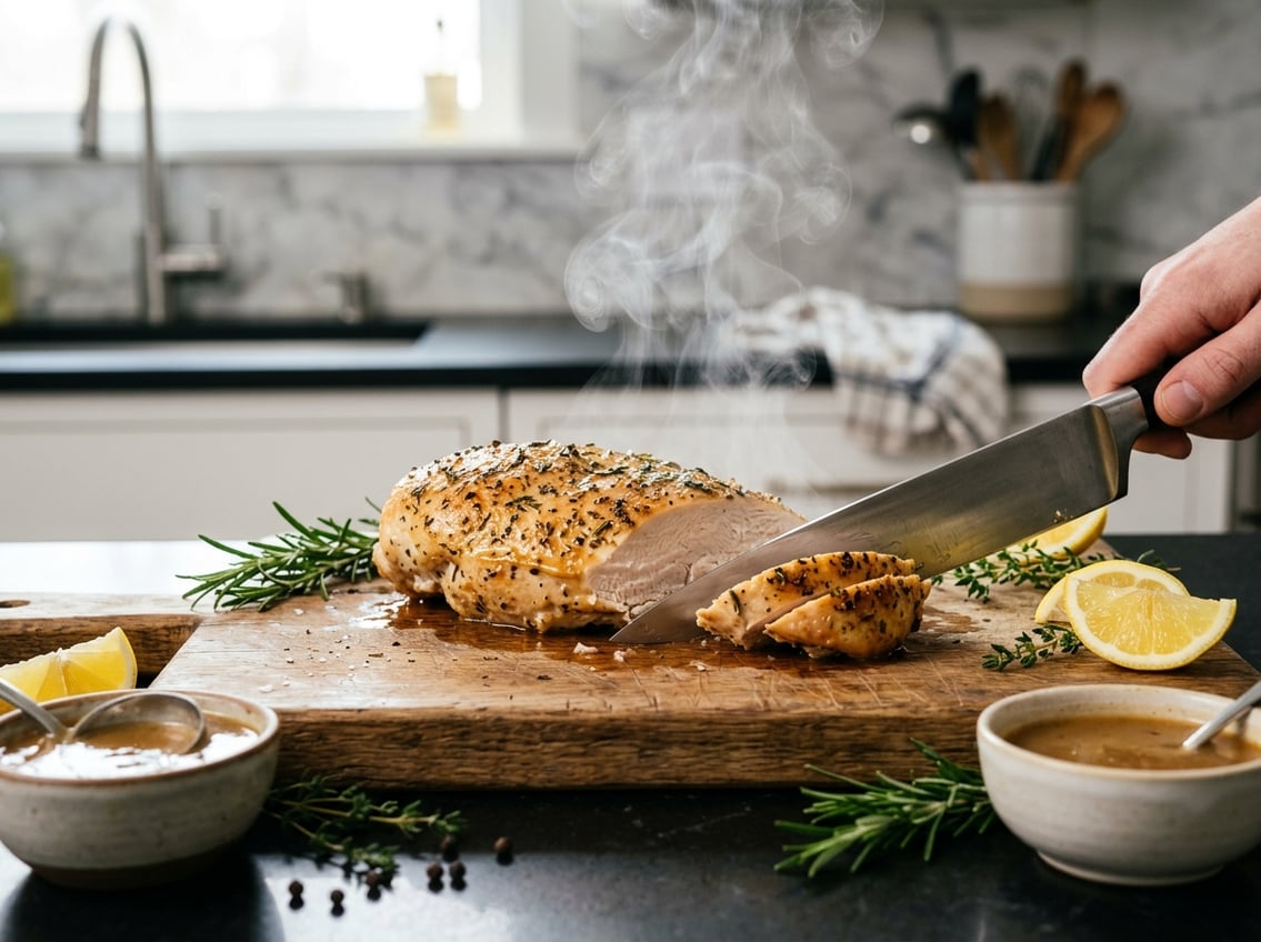A sliced, juicy chicken breast on a cutting board with fresh herbs and lemon wedges in a kitchen setting.