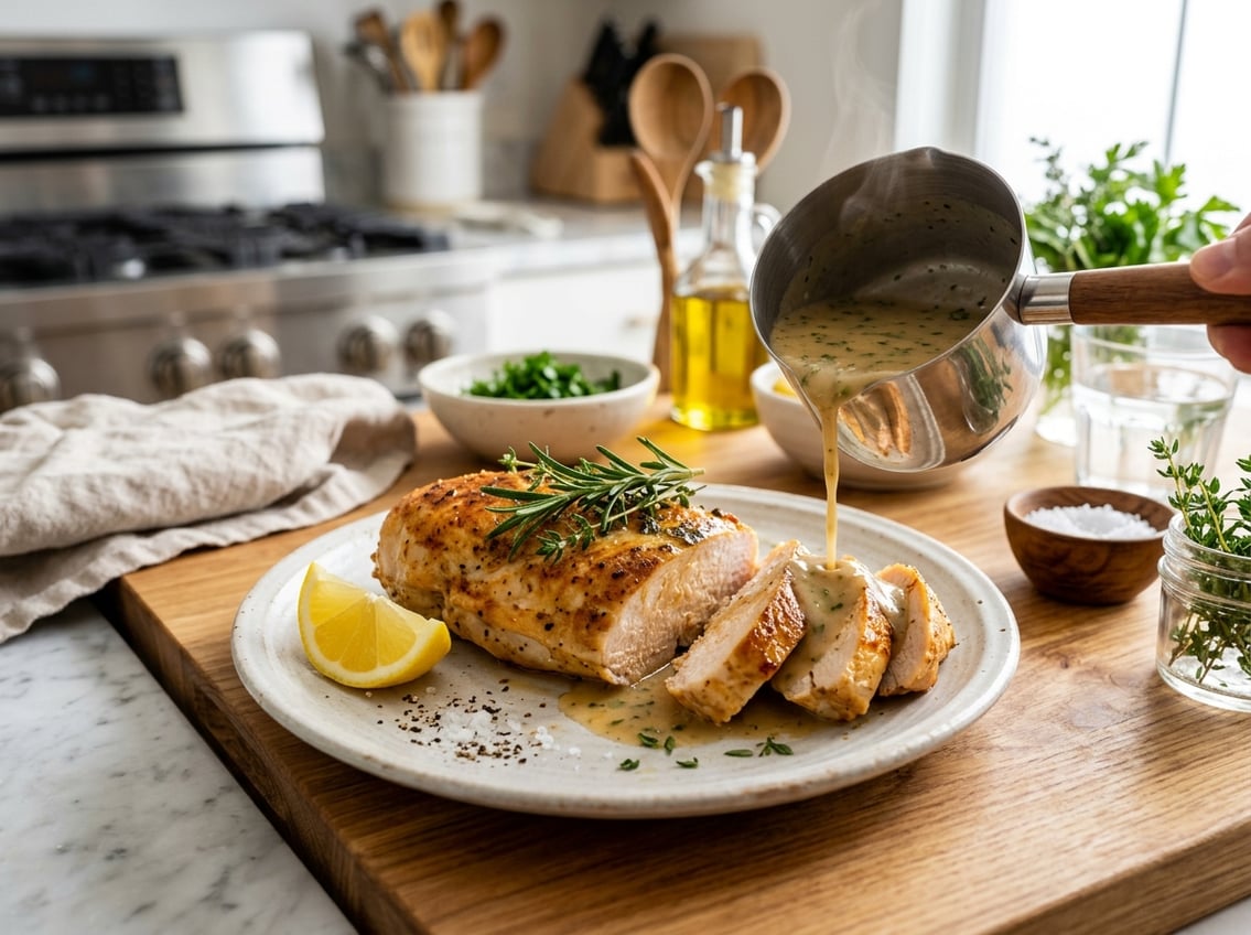 A sliced chicken breast on a white plate with sauce being poured over it, garnished with fresh herbs and a lemon wedge on the side in a kitchen setting.