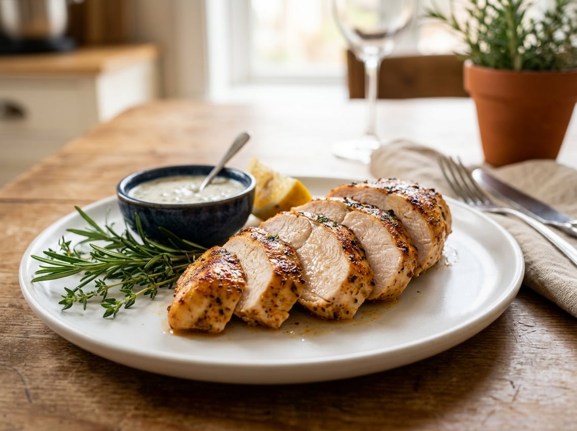 A sliced chicken breast on a white plate with fresh herbs, lemon wedge, and dipping sauce.