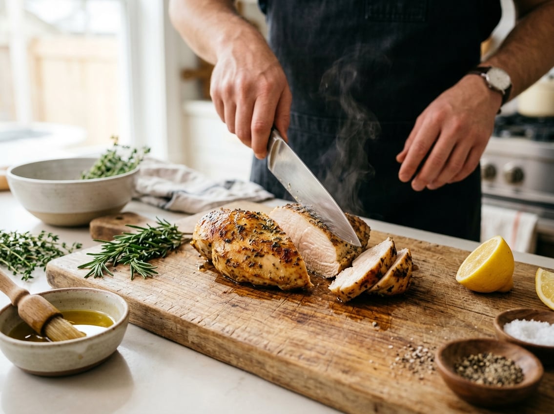 A juicy, sliced chicken breast on a wooden cutting board with fresh herbs and lemon in a bright kitchen.