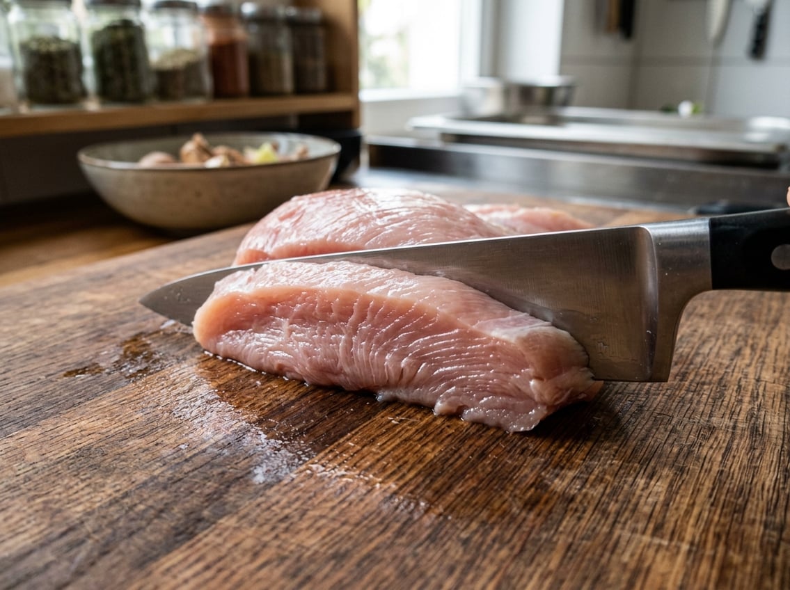 Close-up of a raw chicken breast being sliced against the grain on a wooden cutting board with a chef's knife.