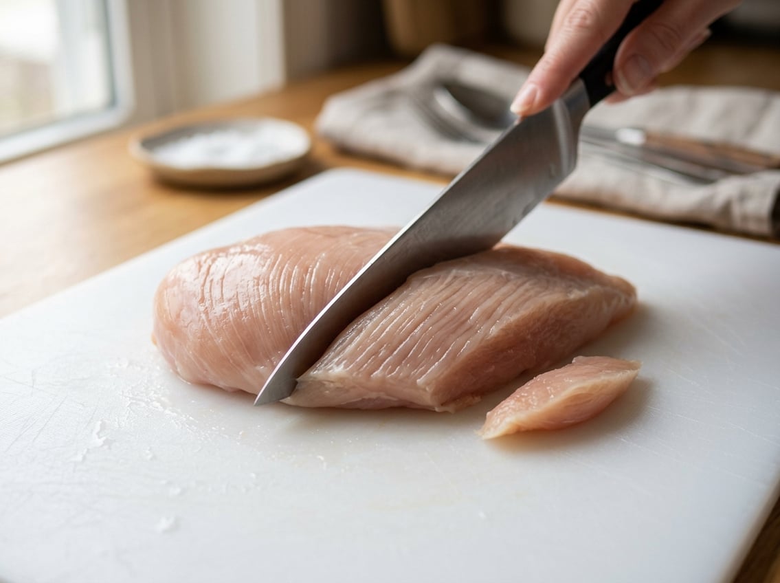 Close-up of a raw chicken breast on a cutting board with a knife positioned to cut against the grain.