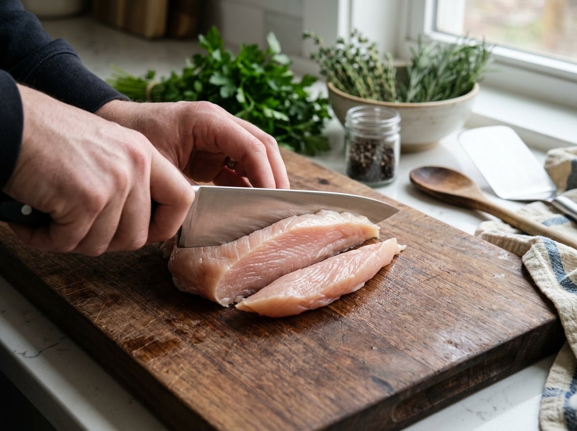 Close-up of a raw chicken breast being sliced against the grain on a wooden cutting board with kitchen utensils and herbs in the background.