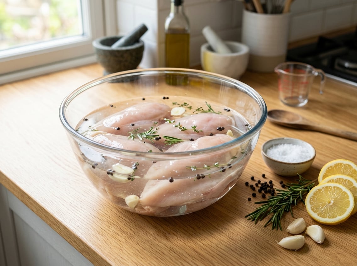 Raw chicken breasts soaking in a clear bowl of brine with fresh herbs and lemon slices on a kitchen countertop.