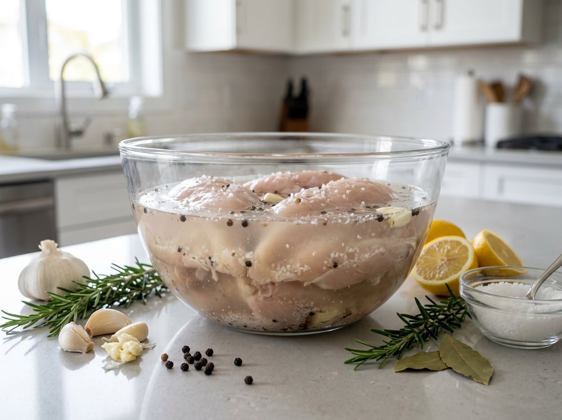A kitchen countertop with a glass bowl containing raw chicken breasts submerged in water with salt, surrounded by fresh herbs, garlic, peppercorns, and lemon slices.