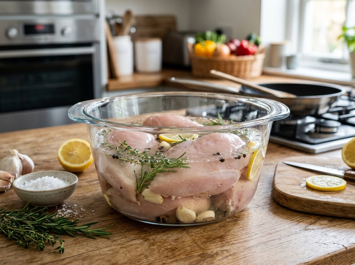 Close-up of raw chicken breasts soaking in brine with herbs and garlic on a kitchen countertop.