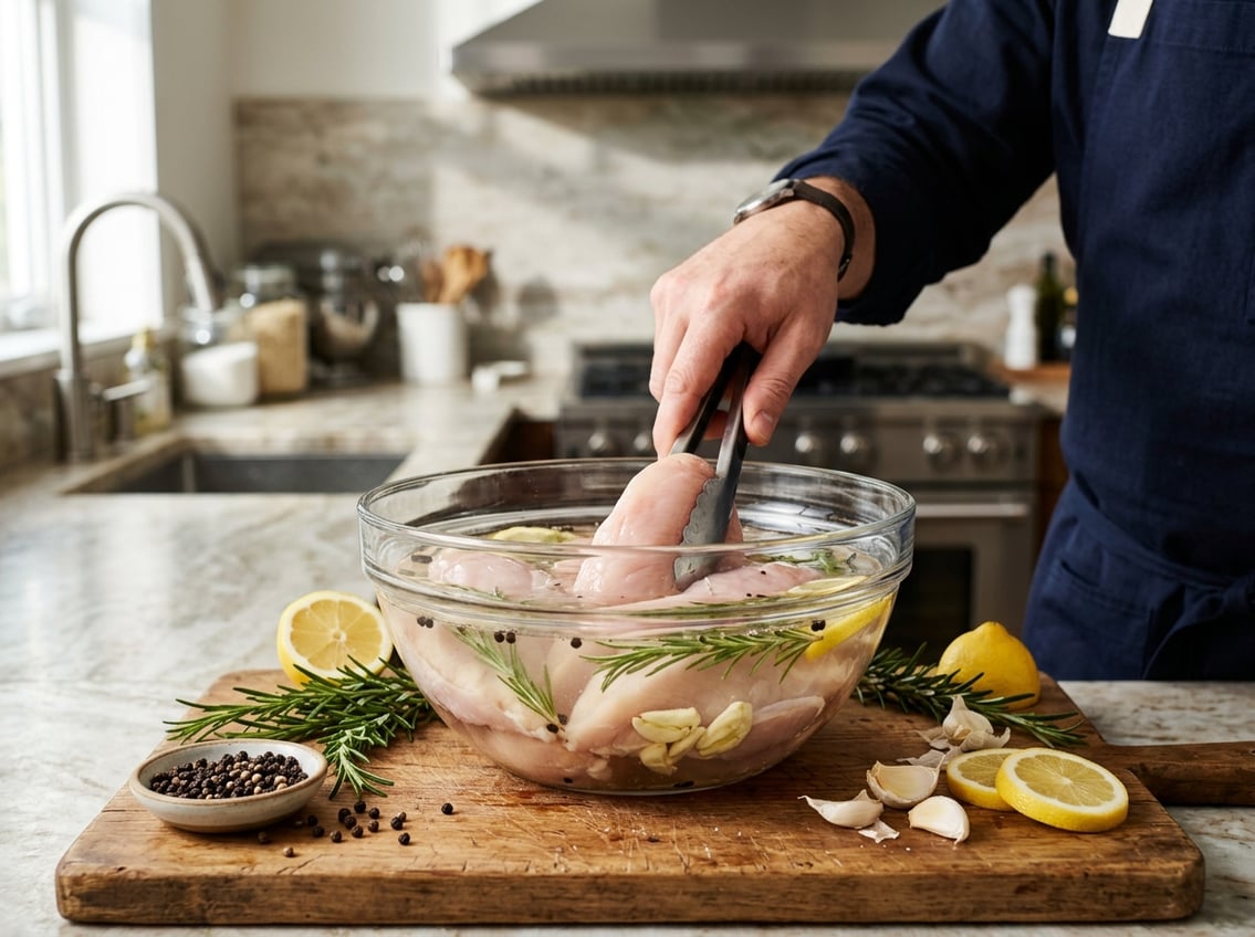 A kitchen scene showing raw chicken breasts being soaked in a glass bowl of brine with herbs and lemon on a wooden cutting board.