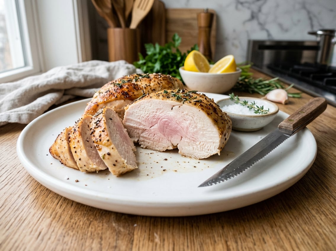 Close-up of a sliced cooked chicken breast with a slight pink center on a white plate in a kitchen setting.