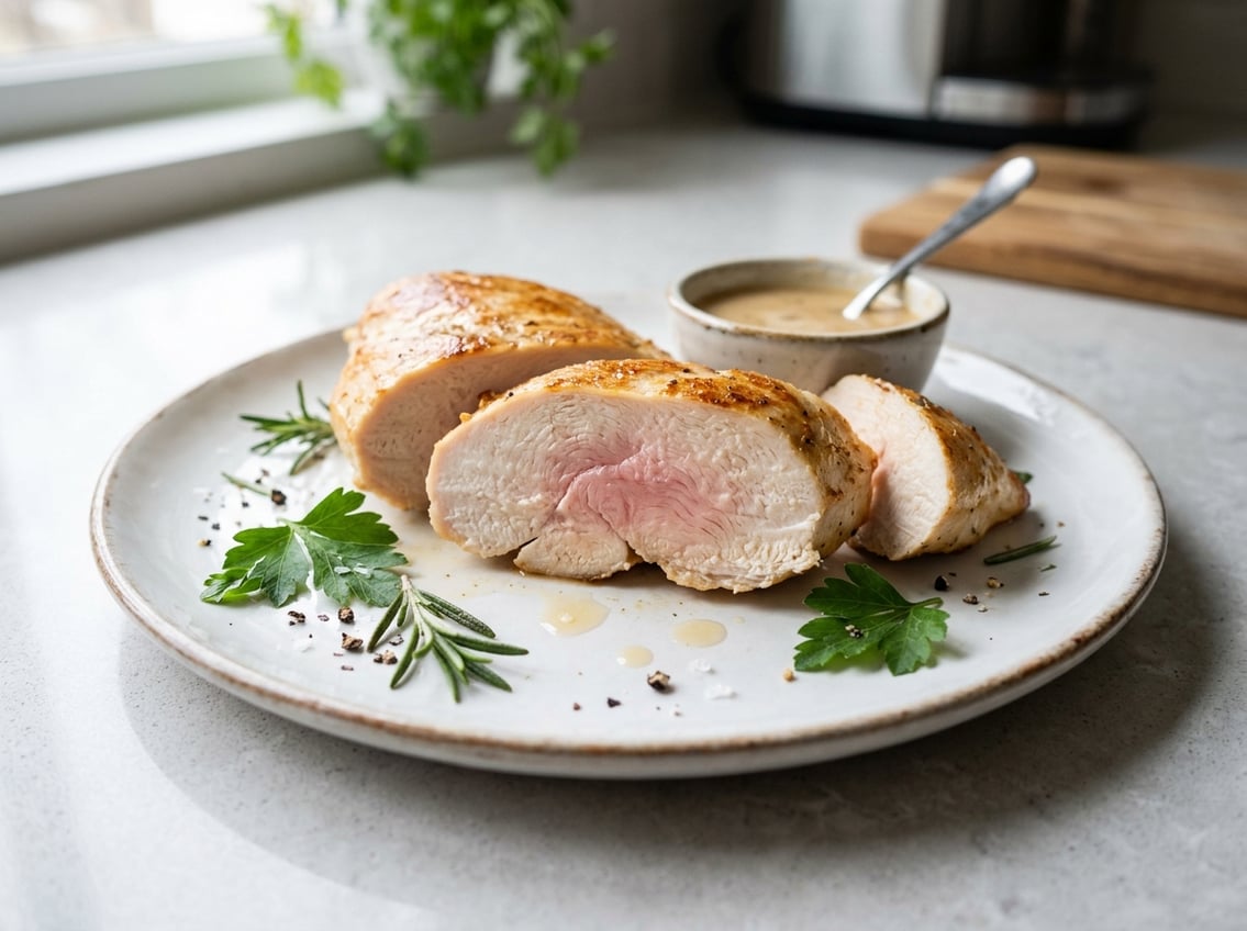 Close-up of sliced cooked chicken breast with a slight pink center on a white plate, garnished with green herbs and a small bowl of sauce on a kitchen countertop.
