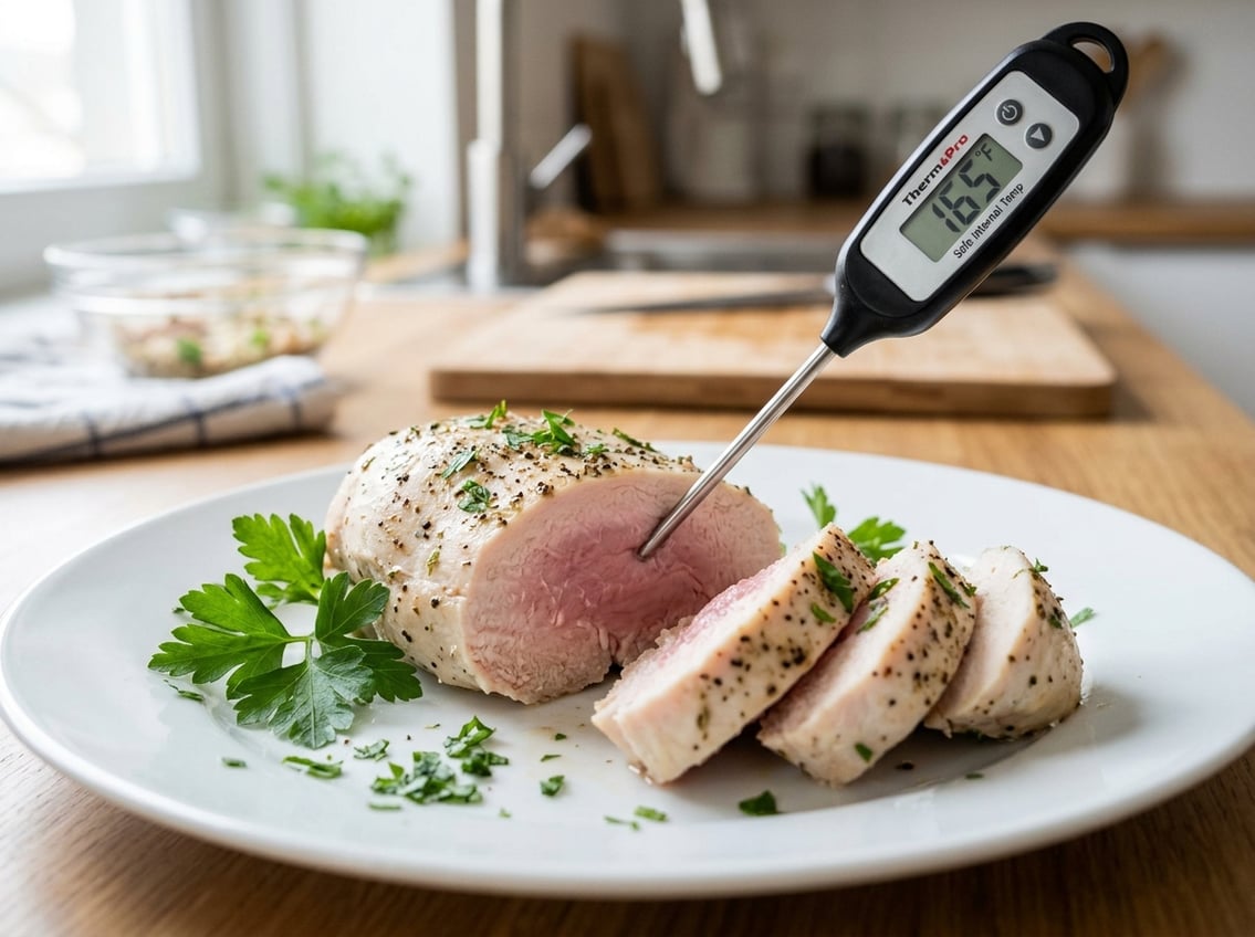 Close-up of a sliced cooked chicken breast with a slightly pink center on a white plate with green herbs and a meat thermometer inserted.