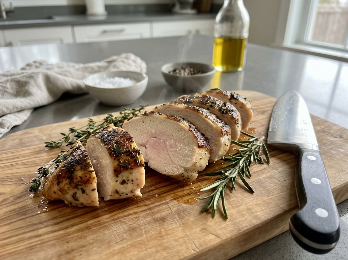 Close-up of a sliced chicken breast with a slight pink center on a wooden cutting board with fresh herbs and a chef's knife nearby.