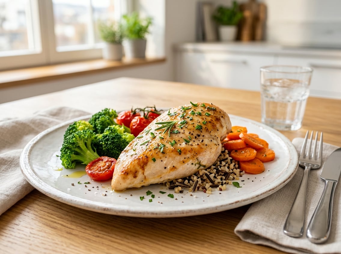 A cooked chicken breast garnished with herbs on a plate with colorful vegetables on a dining table.