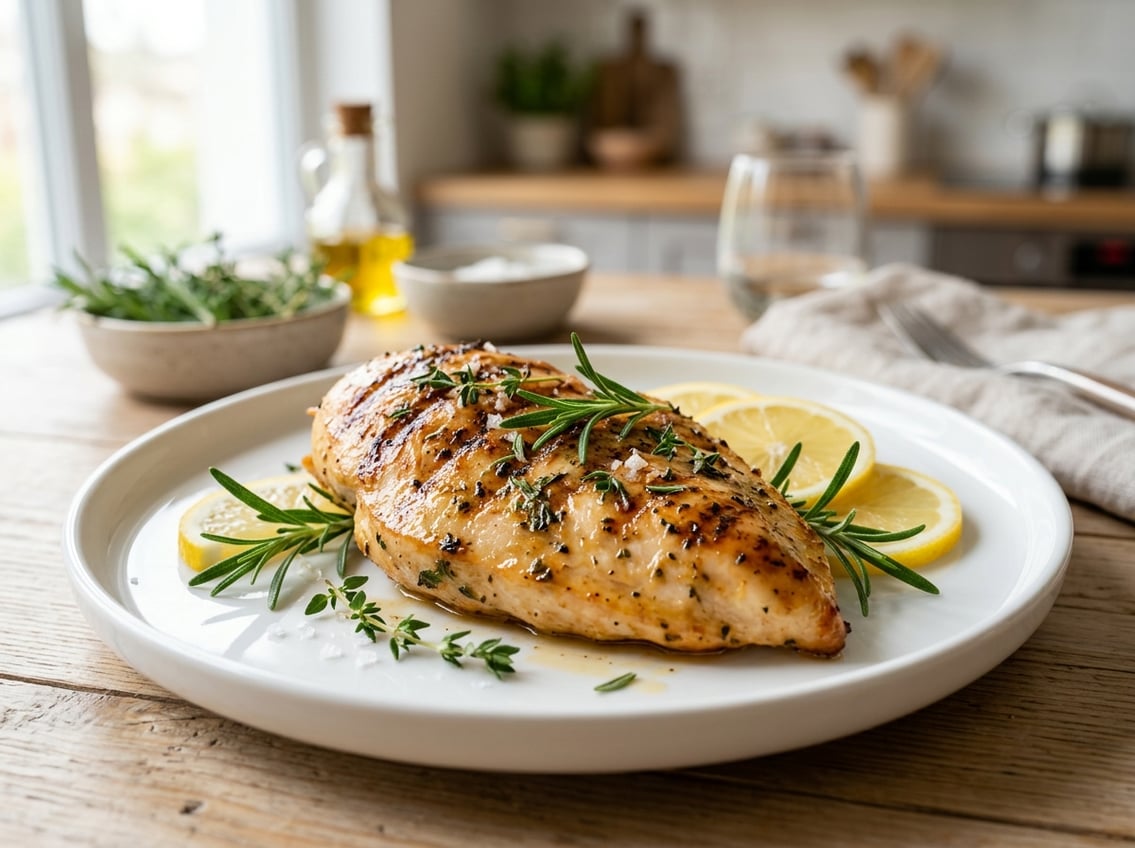 A perfectly cooked juicy chicken breast on a white plate garnished with fresh herbs and lemon slices.
