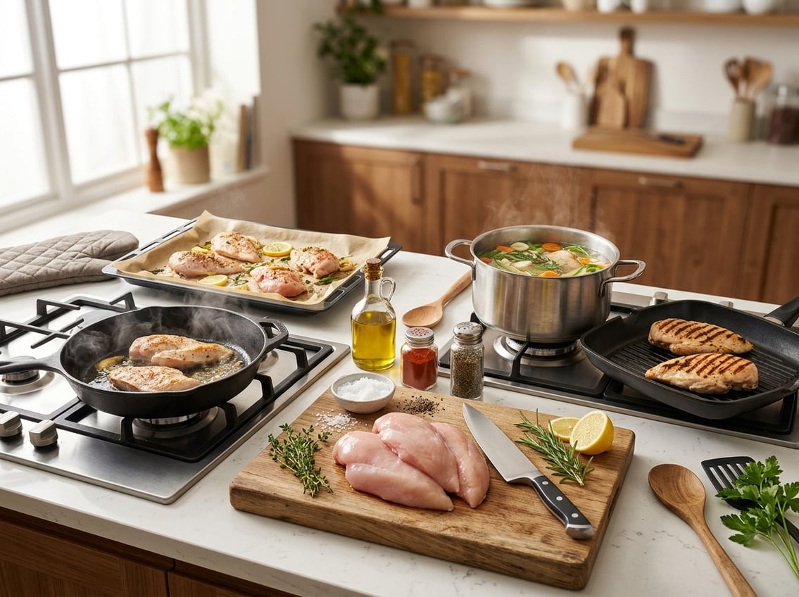 A kitchen countertop with raw chicken breasts on a cutting board surrounded by cooking tools and ingredients representing frying, baking, grilling, and poaching methods.