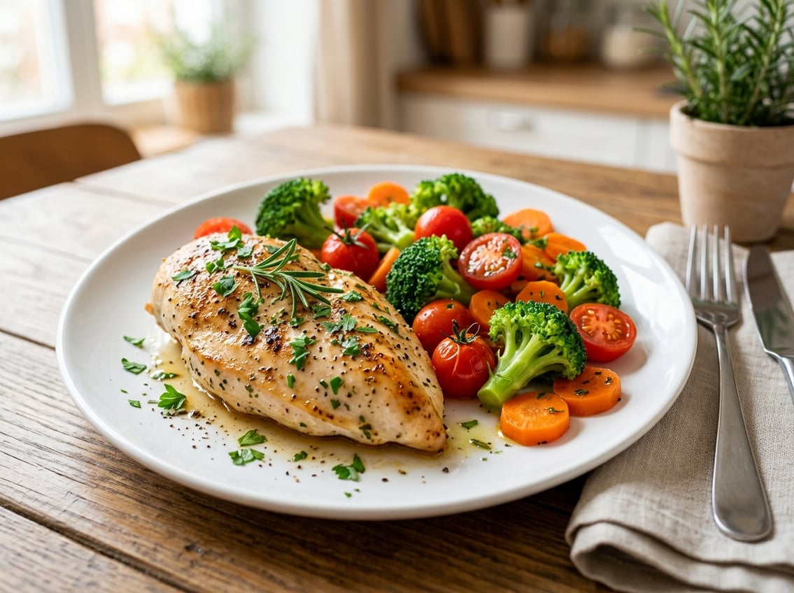 A cooked chicken breast on a white plate garnished with green herbs, surrounded by fresh vegetables like broccoli and cherry tomatoes.