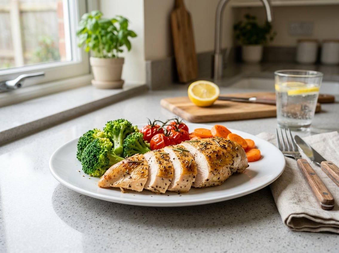 A plate with sliced cooked chicken breast and fresh vegetables on a kitchen countertop.