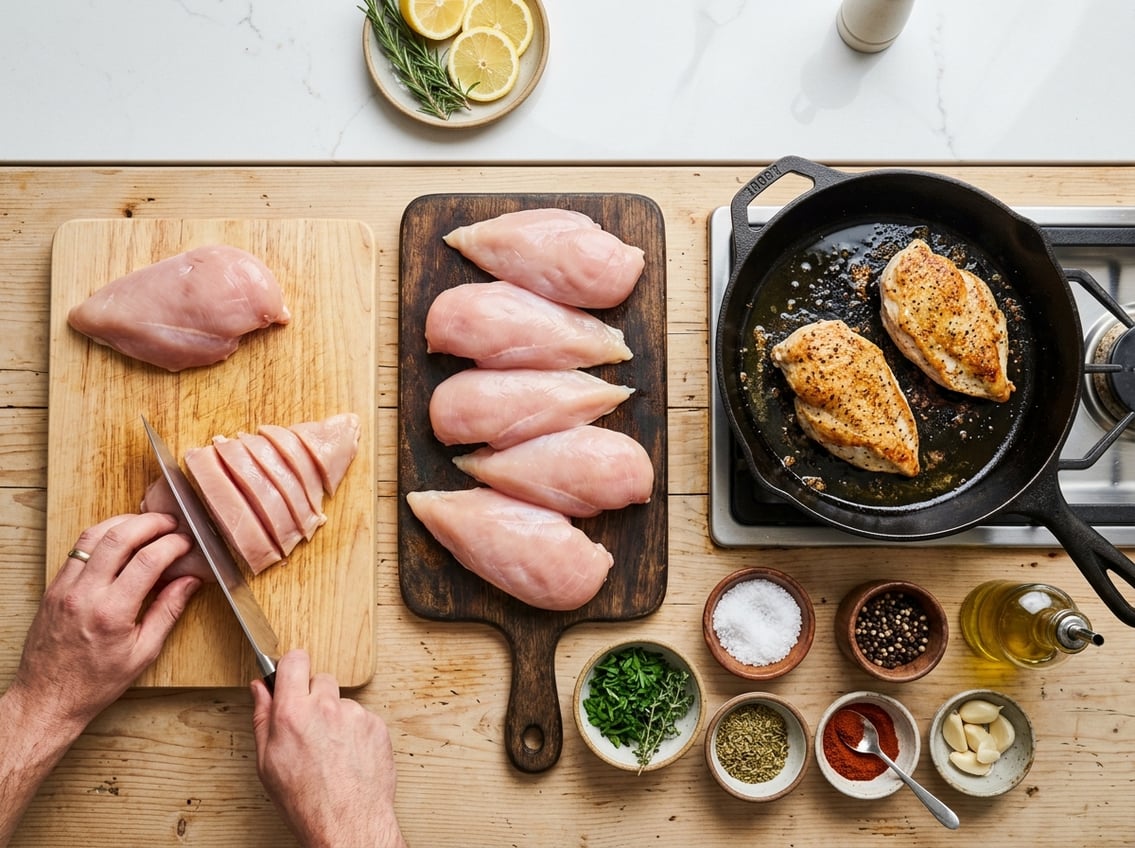 Top-down view of chicken breasts being prepared and cooked with cooking tools and ingredients on a kitchen countertop.