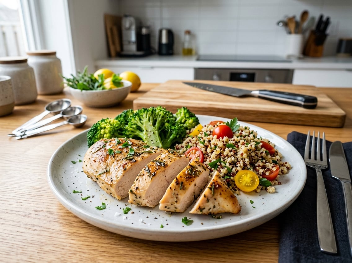 A plated chicken breast with fresh vegetables on a kitchen counter with cooking utensils in the background.