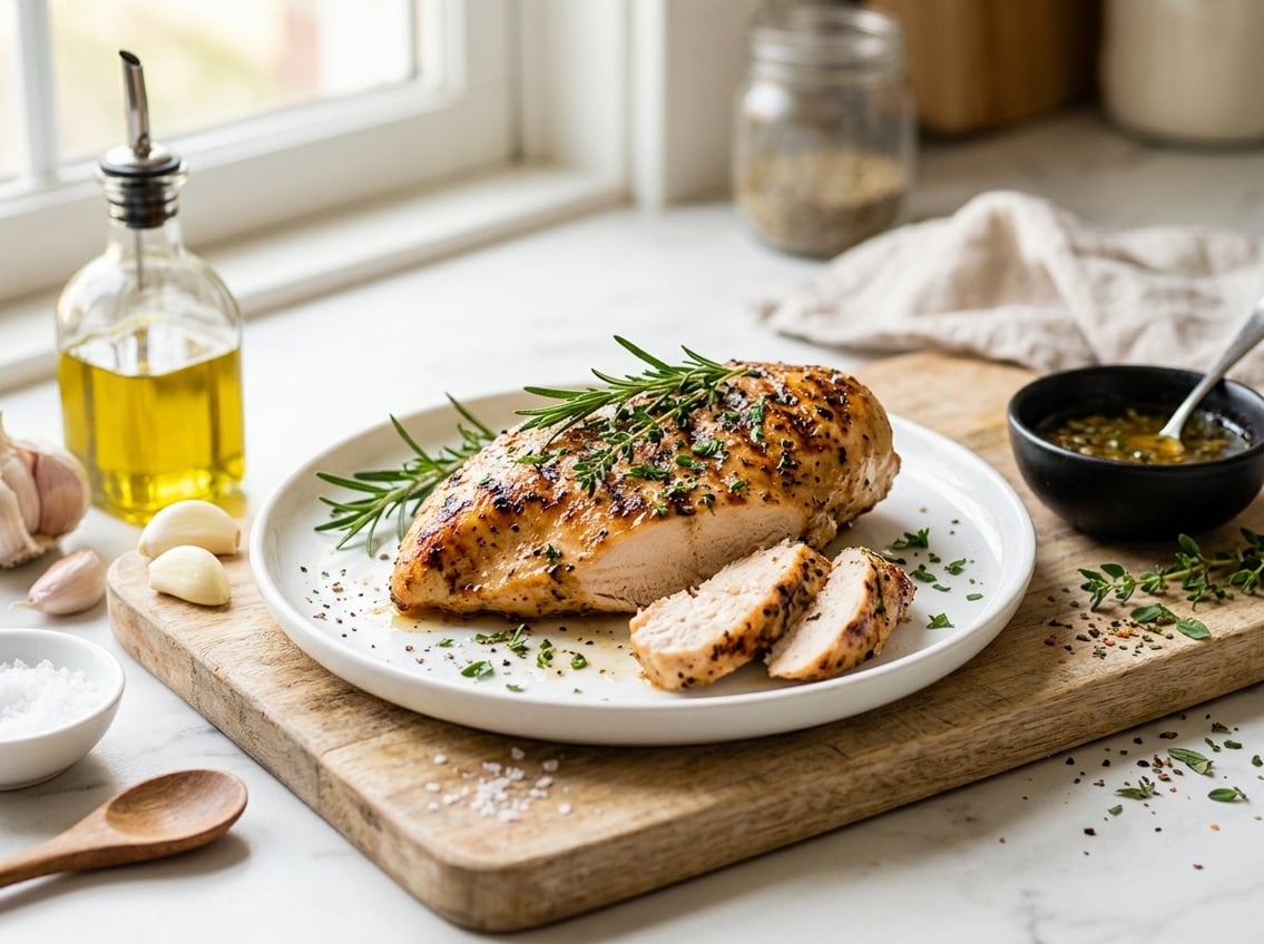 A cooked chicken breast on a plate garnished with herbs, surrounded by cooking ingredients on a kitchen countertop.