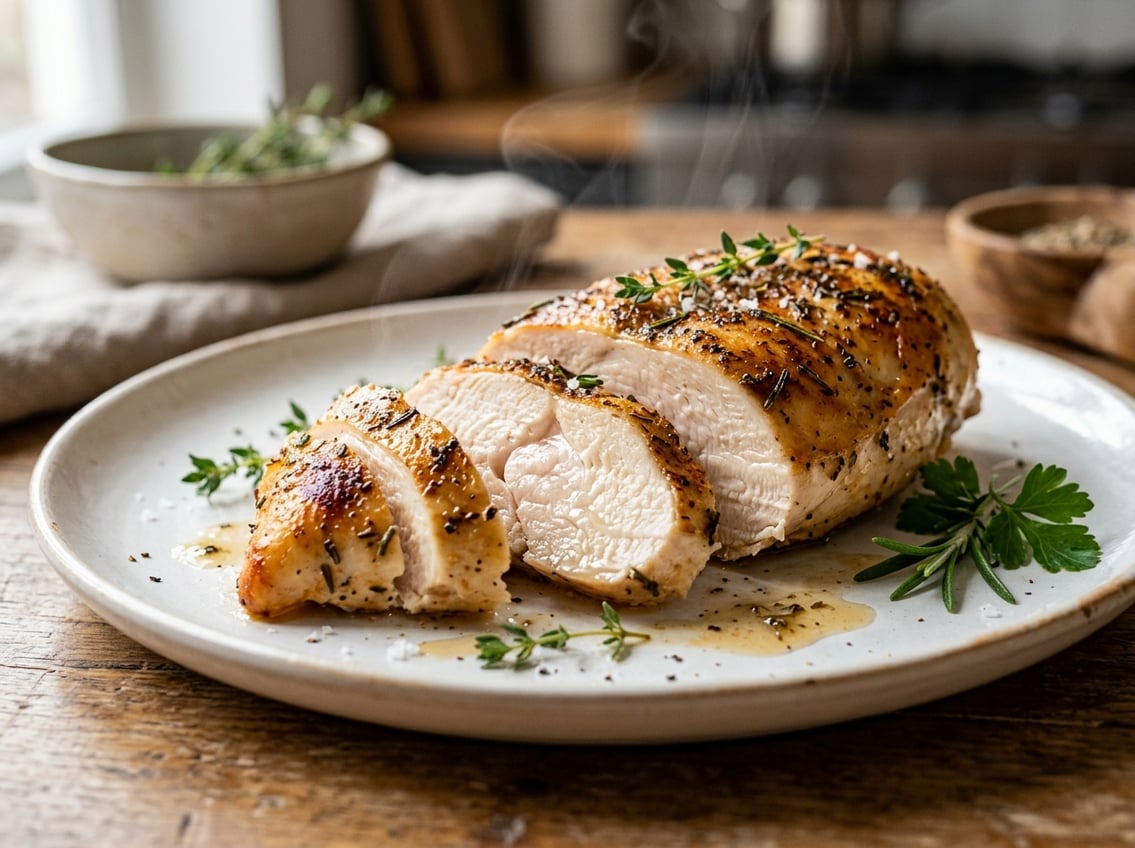 Close-up of a sliced, cooked chicken breast showing its tender and juicy inside on a white plate.