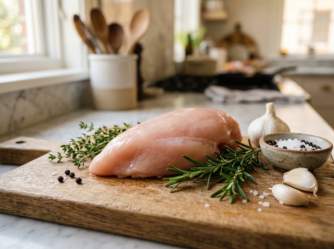 Close-up of a raw chicken breast on a wooden cutting board with fresh herbs and garlic cloves nearby in a bright kitchen.
