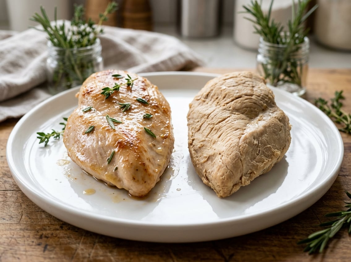 Two cooked chicken breasts on a white plate, one juicy and tender, the other dry and firm, with fresh herbs around them.