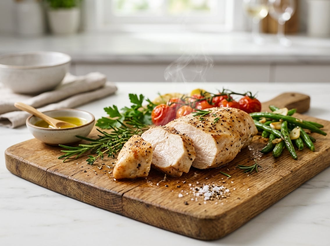 Sliced juicy chicken breast on a wooden cutting board with fresh herbs and vegetables in a bright kitchen.