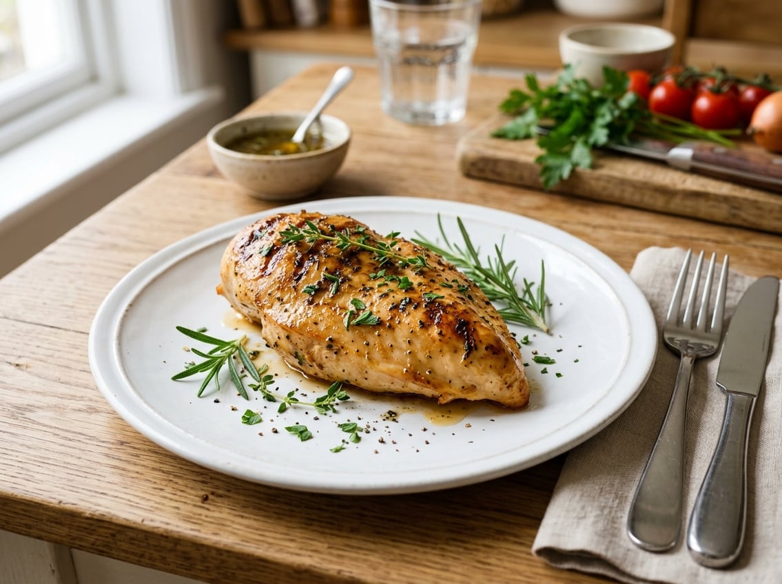 A juicy reheated chicken breast on a white plate garnished with fresh herbs on a wooden table with kitchen utensils nearby.