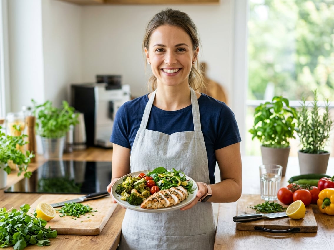 A person holding a plate with grilled chicken breast and fresh vegetables in a bright kitchen.