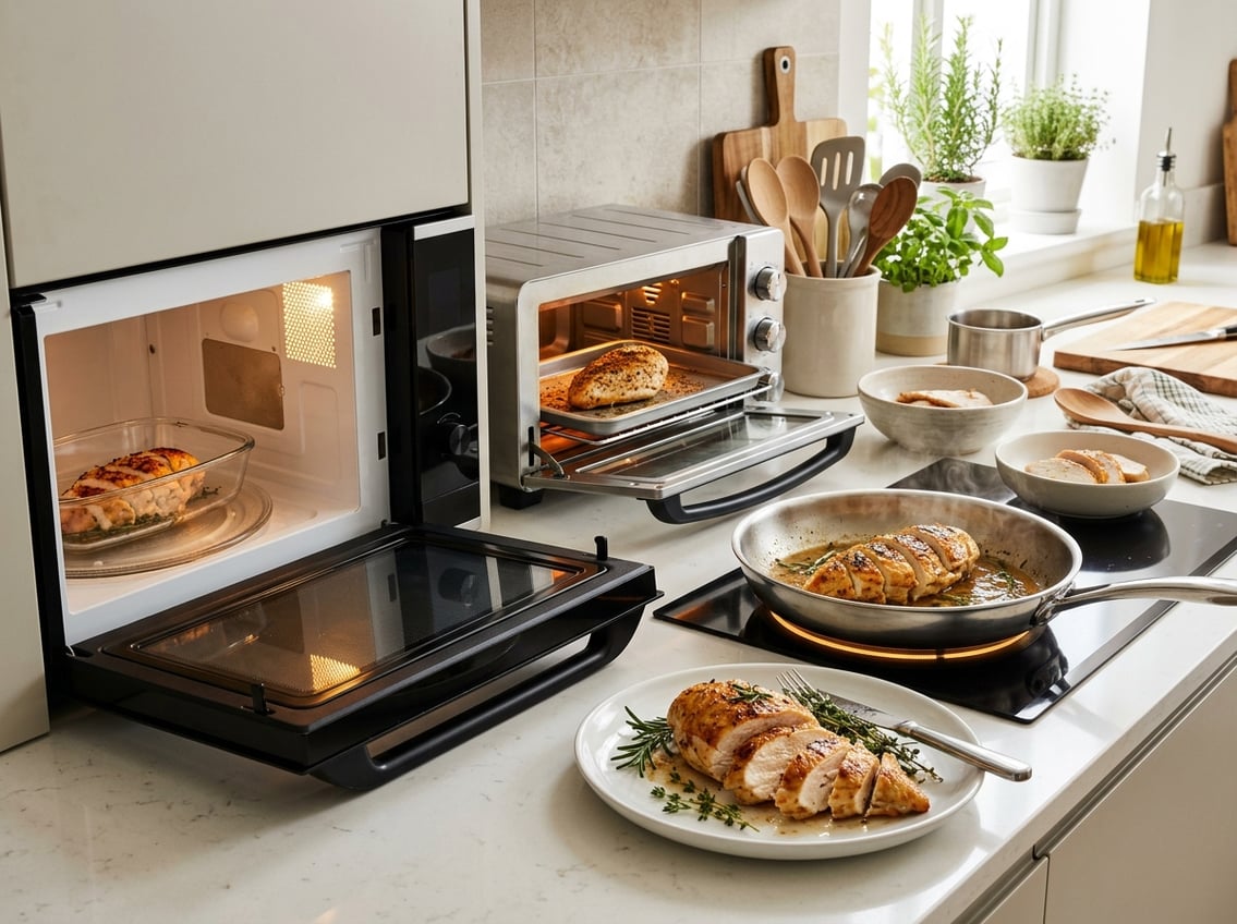 A kitchen countertop showing a cooked chicken breast being reheated in a microwave, skillet, and toaster oven with fresh herbs nearby.