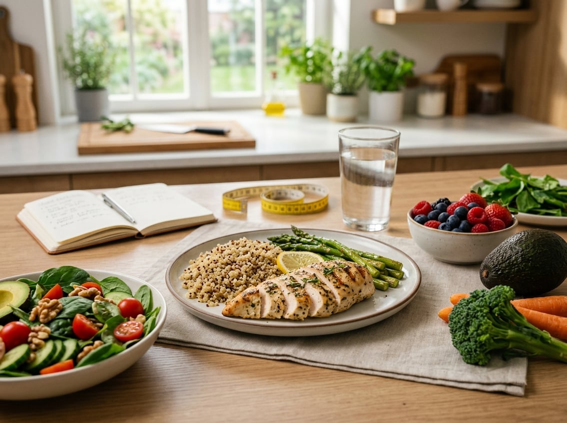 A plate with cooked chicken breast on a kitchen countertop surrounded by fresh vegetables and fruits, with a glass of water and a measuring tape nearby.