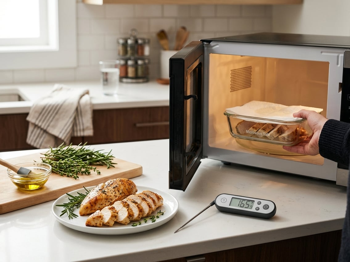 A hand placing a microwave-safe container with sliced chicken breast into a microwave in a clean kitchen, with a plate of cooked chicken breast and fresh herbs on the counter.