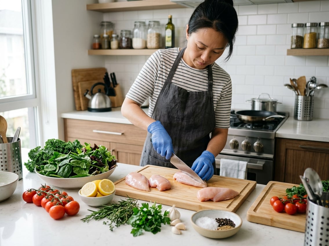 A person wearing gloves preparing raw chicken breasts on a cutting board in a clean kitchen surrounded by fresh vegetables and spices.