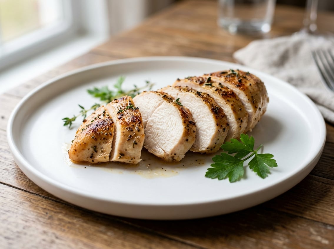 A sliced cooked chicken breast on a white plate garnished with fresh herbs.