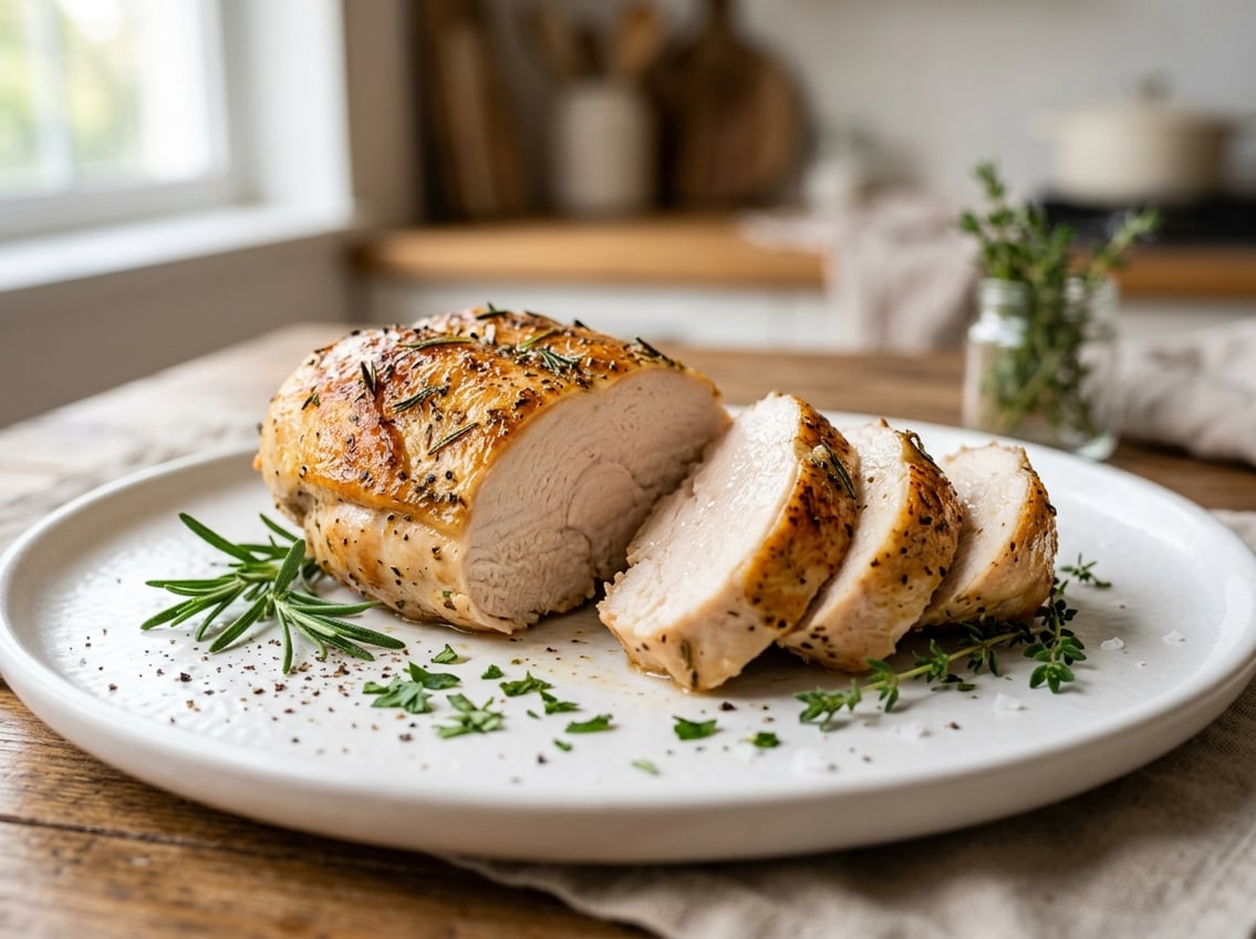 A sliced cooked chicken breast on a white plate with fresh herbs around it in a kitchen setting.