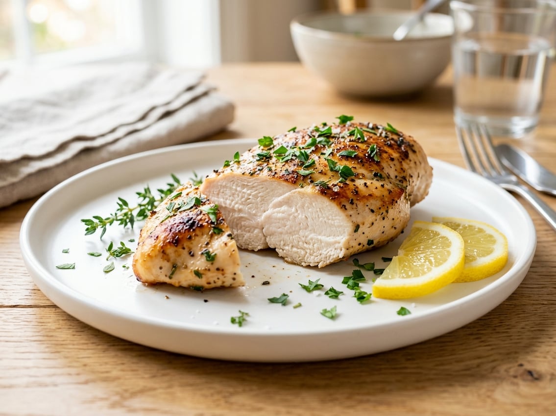 A cooked chicken breast on a white plate garnished with fresh herbs and lemon slices.