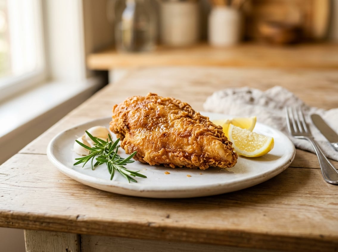 A golden-brown fried chicken breast on a white plate with fresh herbs and lemon wedges around it.