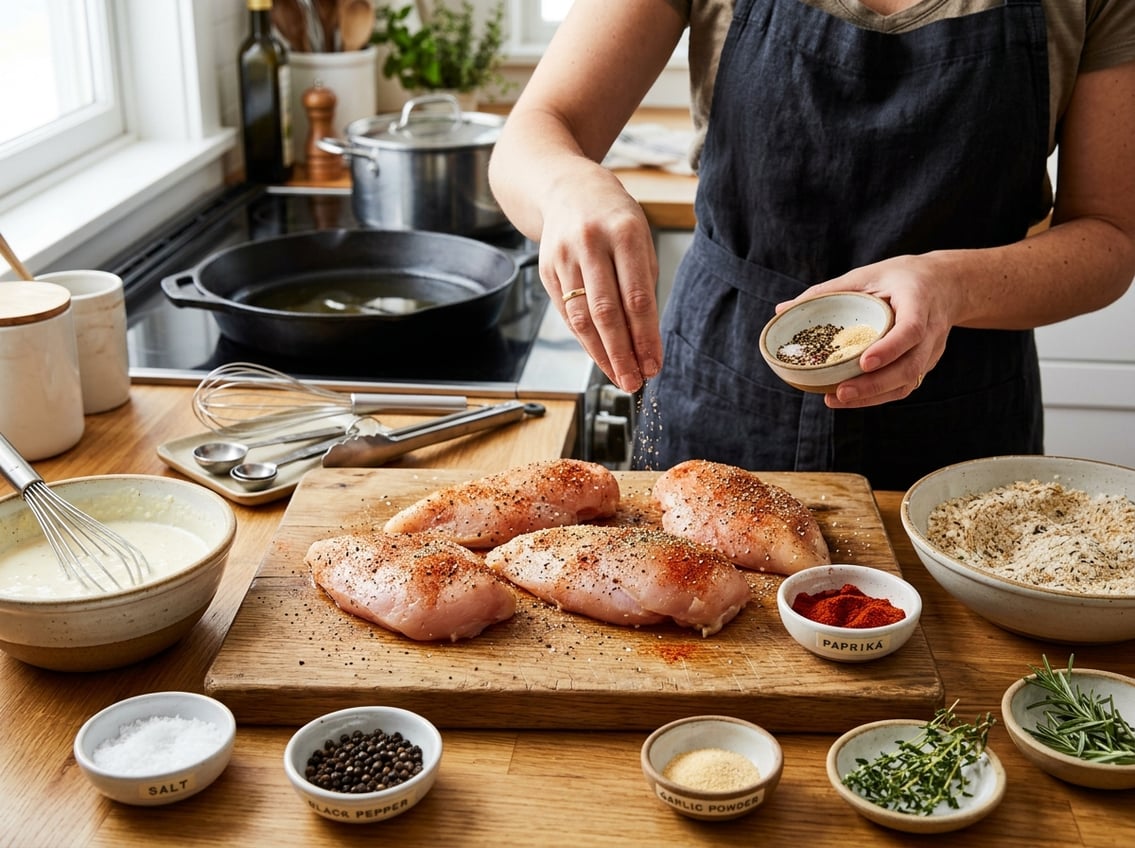 Raw chicken breasts on a cutting board being seasoned and coated with flour and spices in a kitchen setting.