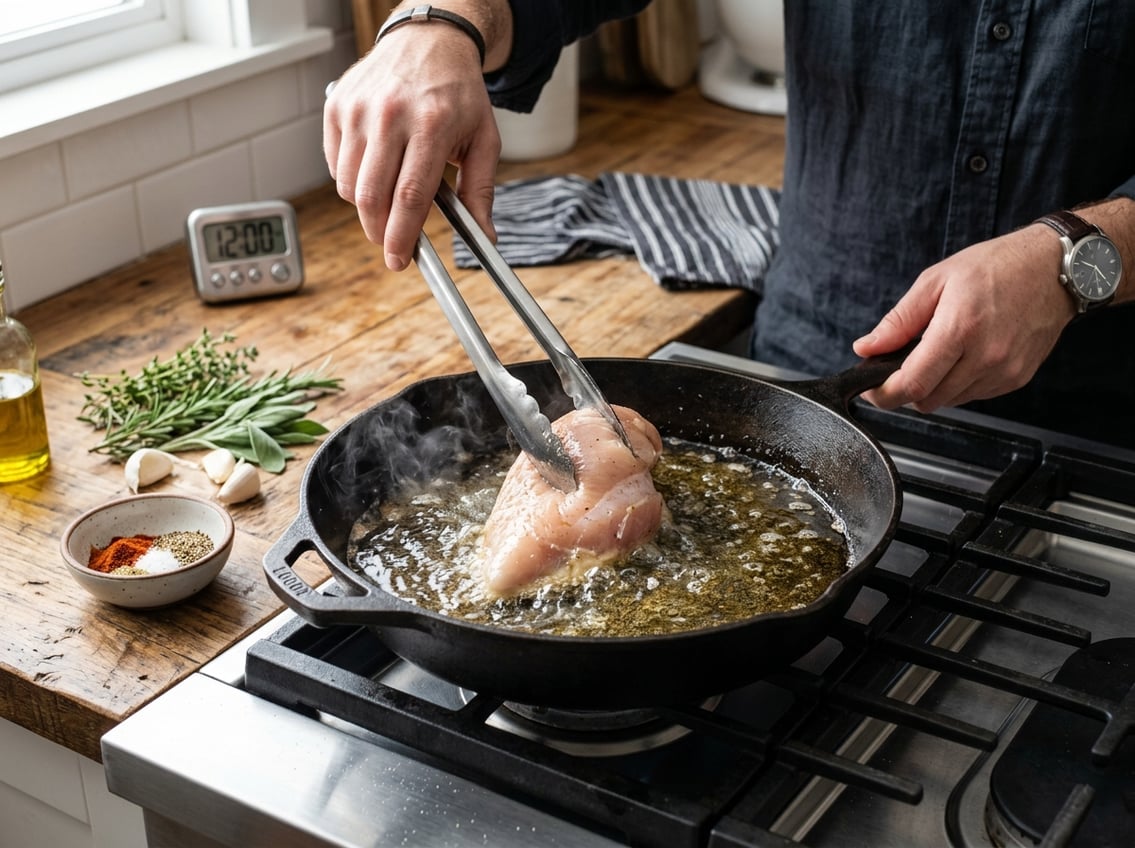 Close-up of a chicken breast being placed into a hot skillet with oil on a stove, surrounded by cooking ingredients.