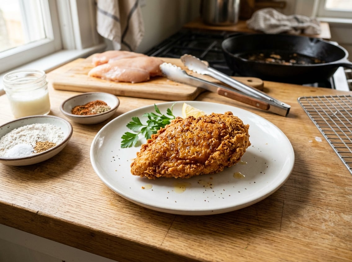 Close-up of a golden fried chicken breast on a plate with bowls of seasonings and raw chicken in the background on a kitchen countertop.