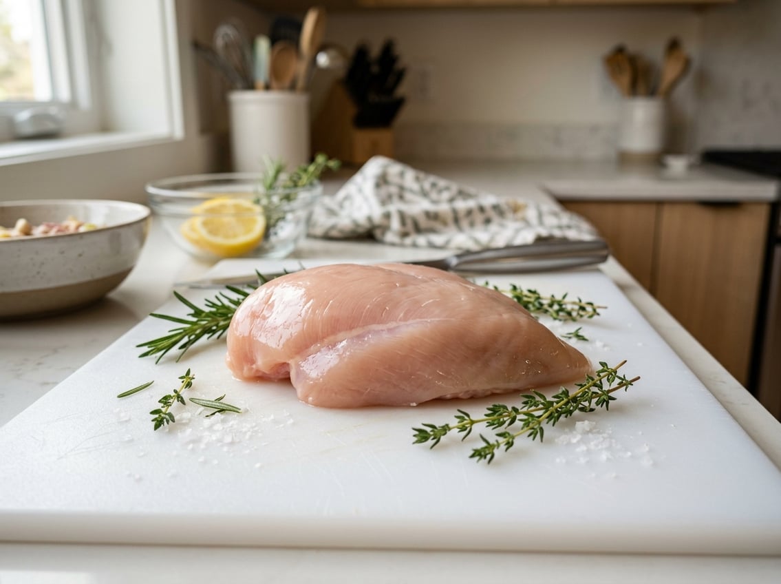 Close-up of fresh raw chicken breast on a white cutting board with herbs and lemon slices in a kitchen.