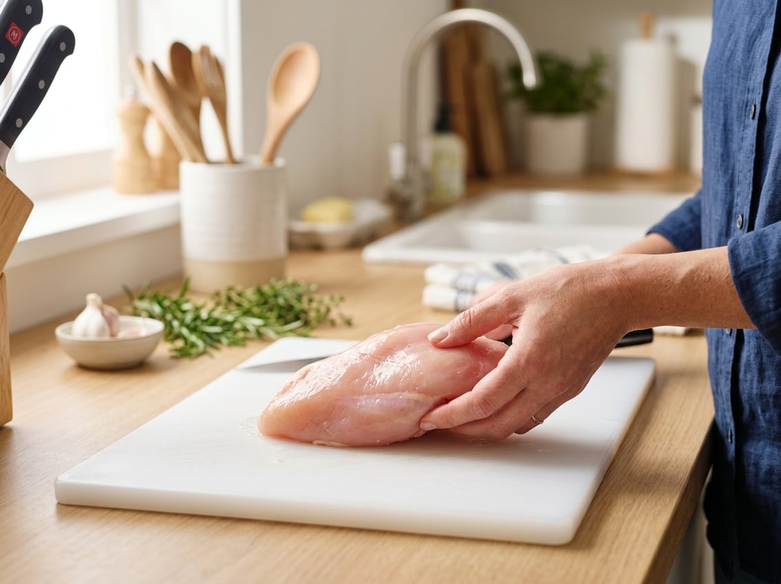 A close-up of a fresh raw chicken breast on a cutting board being inspected by a person’s hand in a bright kitchen.