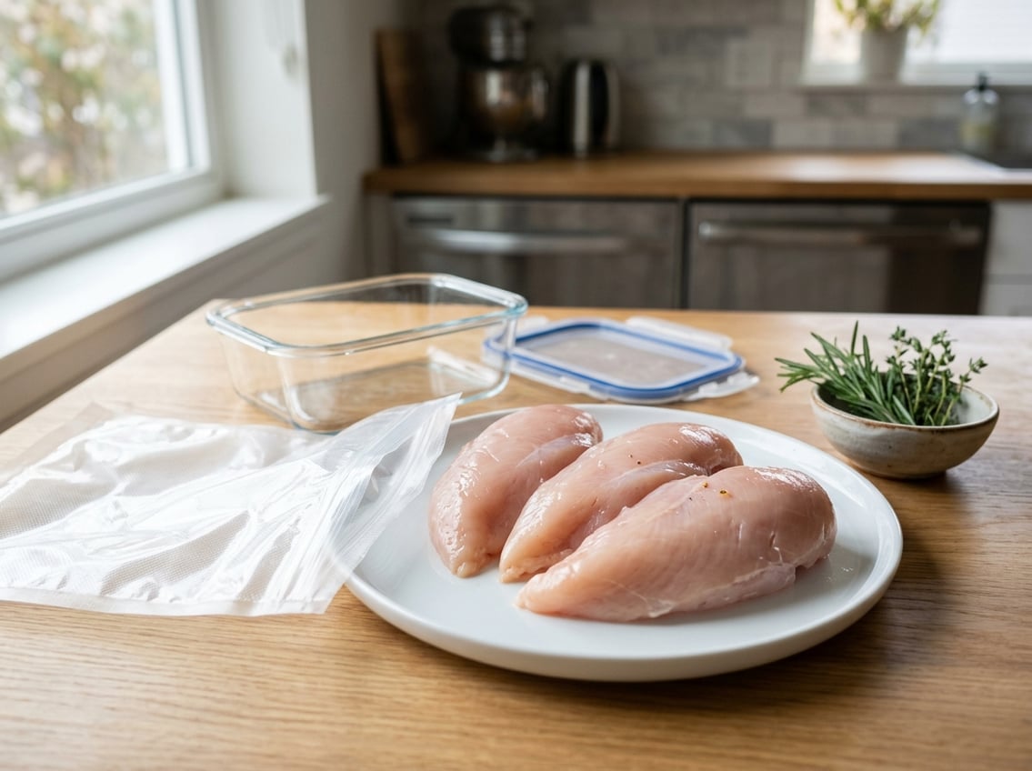 Fresh raw chicken breasts on a white plate with vacuum-sealed packaging and a storage container on a kitchen countertop.