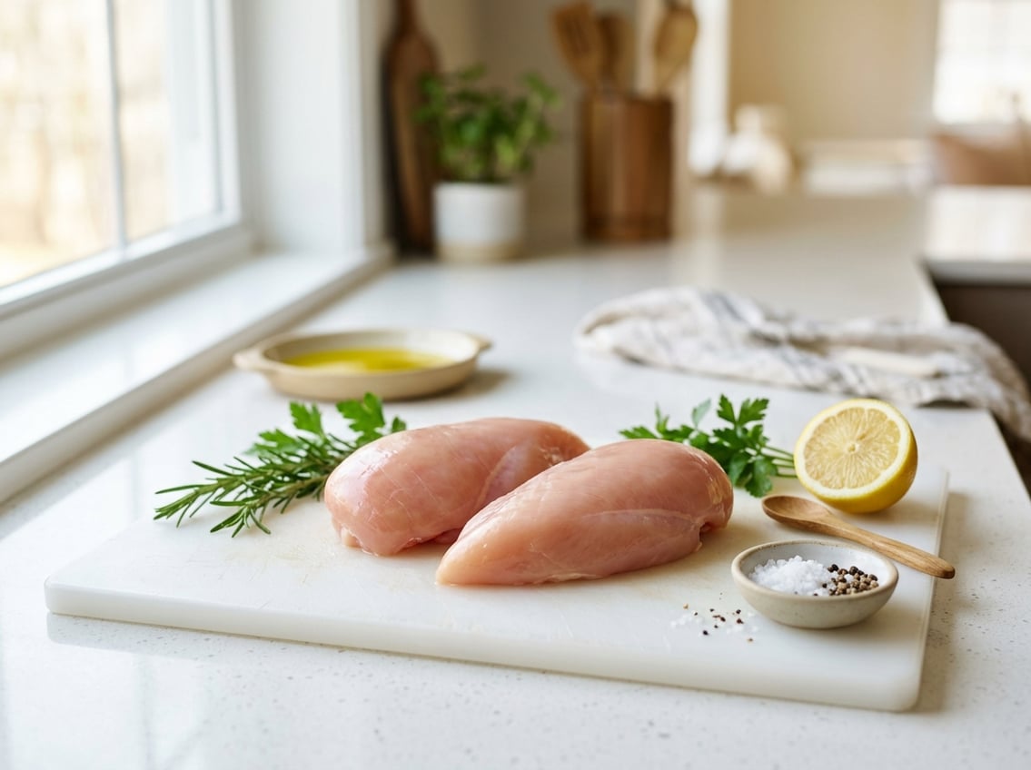 Fresh raw chicken breasts on a white cutting board with herbs and lemon in a bright kitchen.