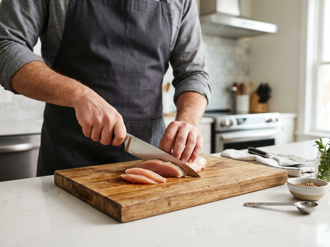 A person slicing a raw chicken breast on a wooden cutting board in a kitchen.