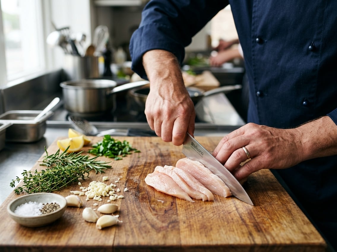 Close-up of hands cutting a raw chicken breast on a wooden cutting board with fresh herbs and ingredients nearby.