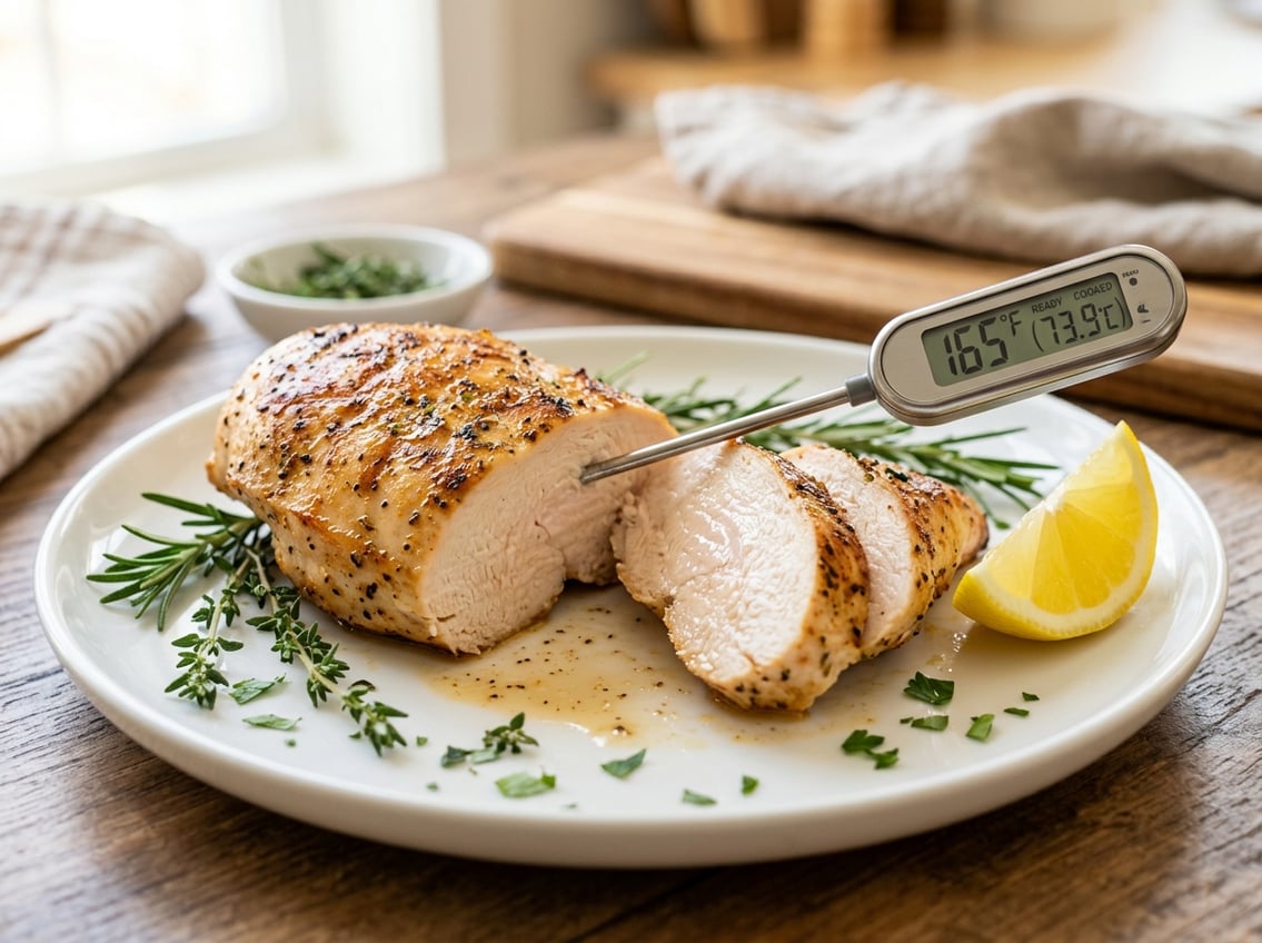 A sliced cooked chicken breast on a white plate with herbs and a lemon wedge, a meat thermometer inserted showing the temperature.